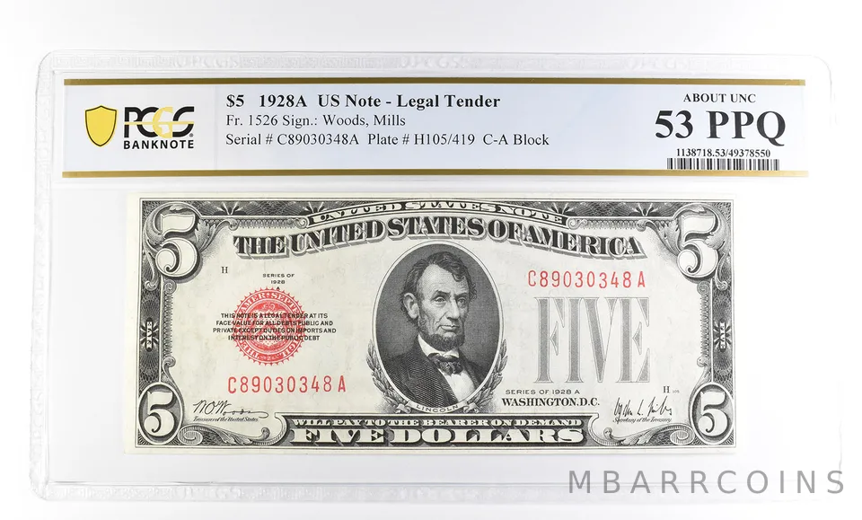 1928 A $5 US Legal Tender Fr#1526 About Unc 53 PPQ PCGS a2415