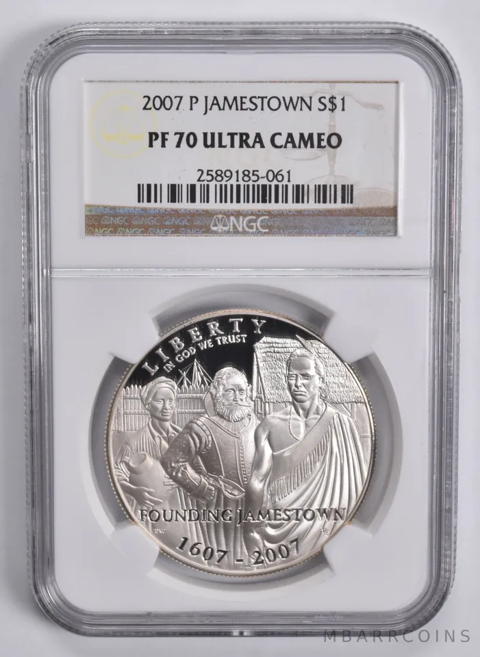 2007-P Jamestown Commemorative Silver Dollar PF70 UCAM NGC Brown Lbl