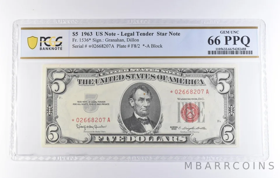 1963 $5 Legal Tender Star Note Fr#1536* Gem Unc 66 PPQ PCGS *8329