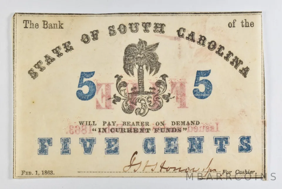 1863 5 Cents State Of South Carolina Bank Note *8462