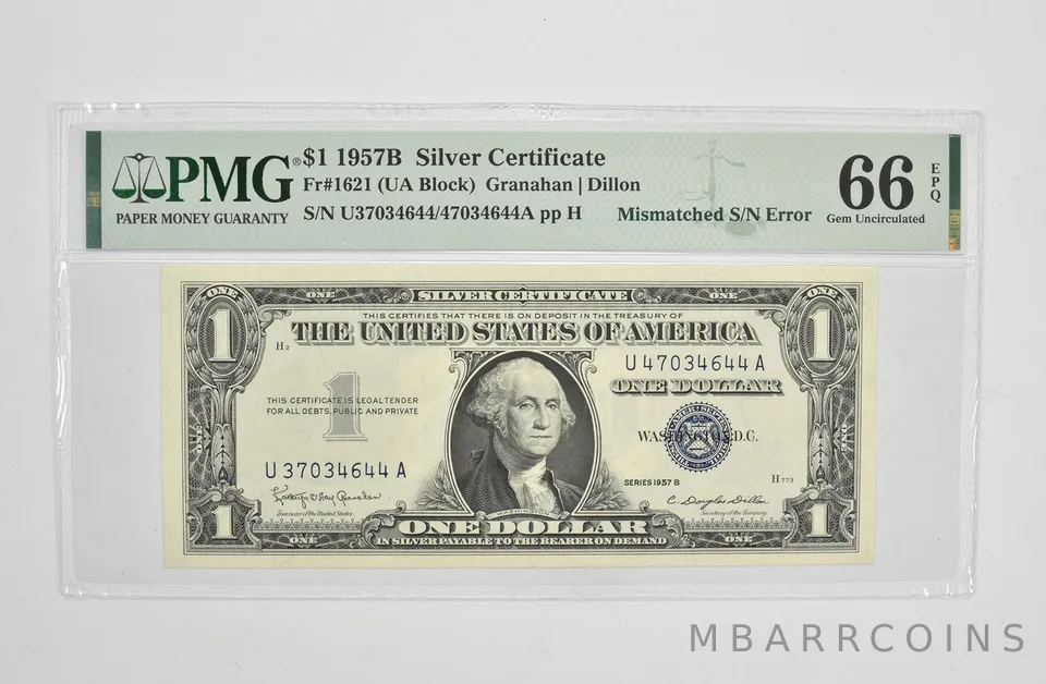 $1 1957-B Silver Certificate PMG 66 FR 1621 Serial Mismatch Error *0726