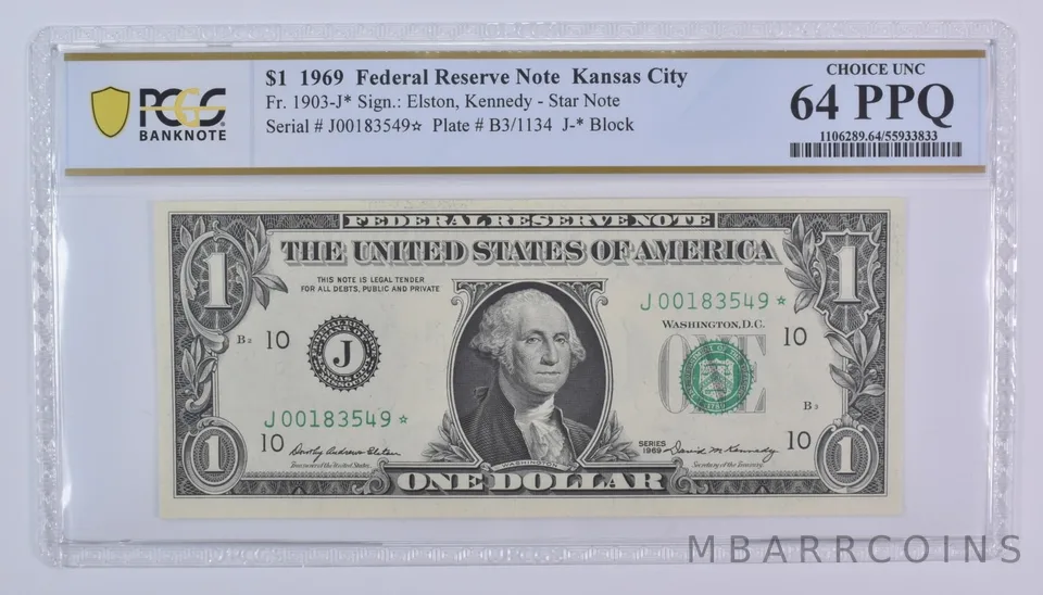 1969 $1 Kansas City MO FRN Star Note Fr#1903-J* Choice Unc 64 PPQ PCGS
