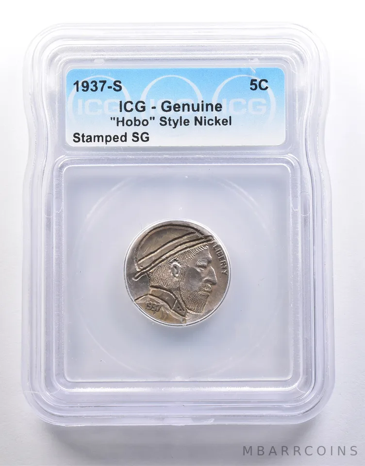 1937-S Indian Head Buffalo Nickel "Hobo" Style Stamped SG Genuine ICG a6585