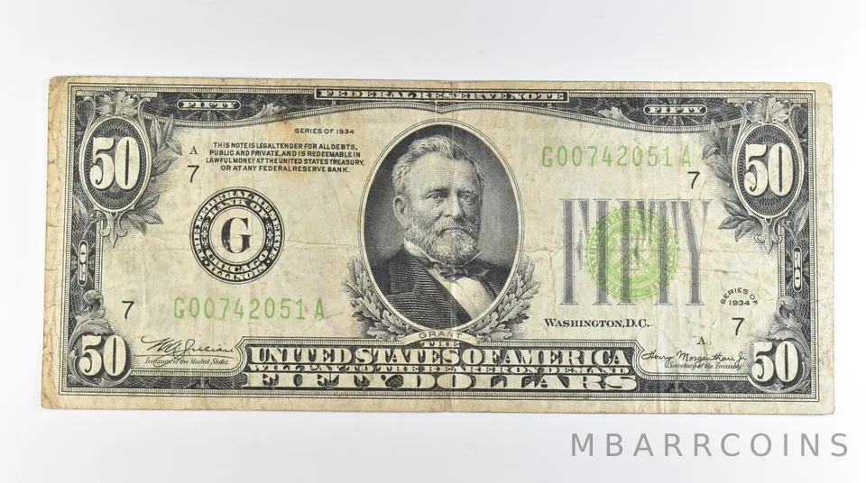 1934 $50 Chicago IL FRN Light Green Seal a7075