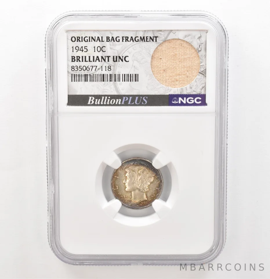 1945 Mercury Dime Original Bag Fragment BU NGC Beautiful Tone a3934