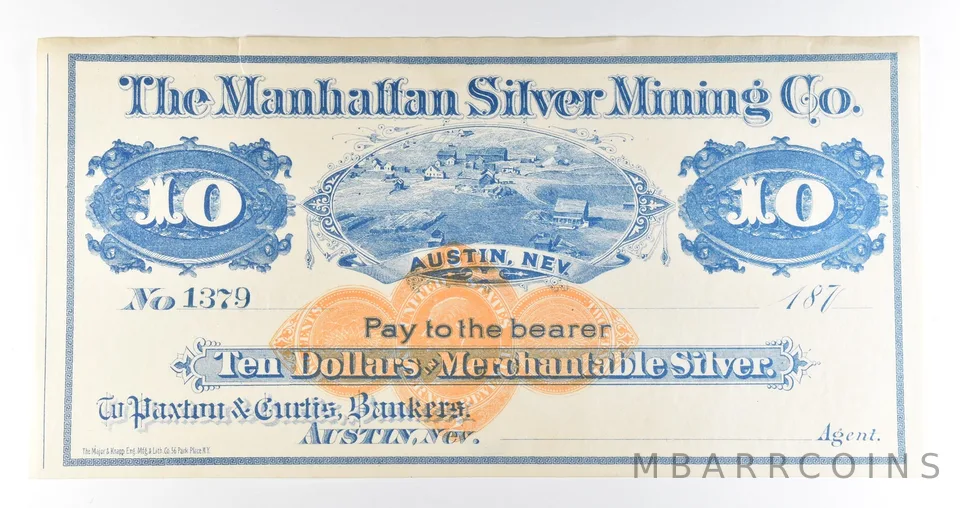1870s $10 Austin NV Manhattan Silver Mining Co Obsolete Note *8410