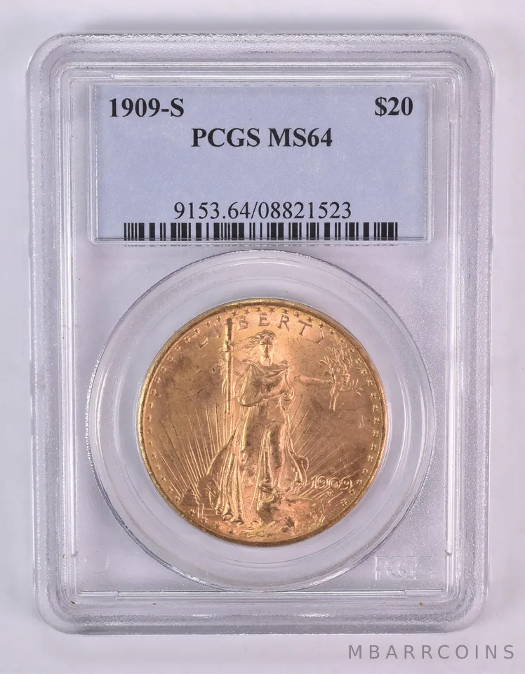 1909-S $20 Saint Gaudens Gold Double Eagle MS64 PCGS *1029