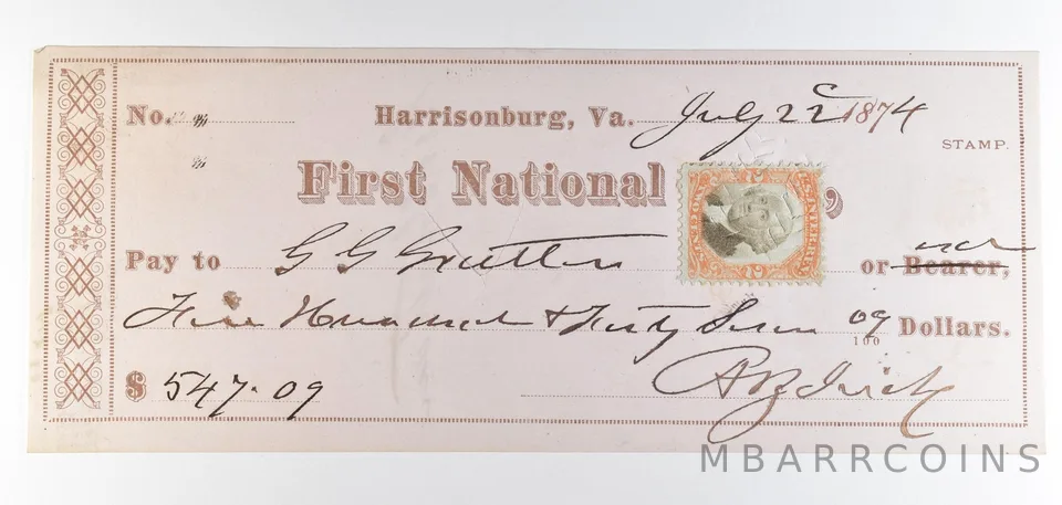 1874 Harrisonburg VA First National Bank Check $547.09 *8885