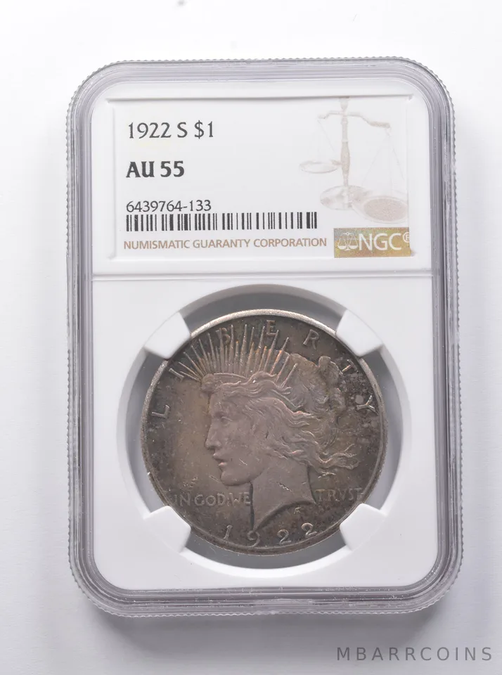 AU55 1922-S Peace Silver Dollar NGC - Fantastic Color a7781