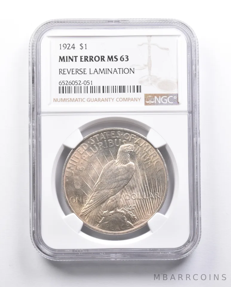 MS63 1924 Peace Silver Dollar Error REV Lamination NGC *6641
