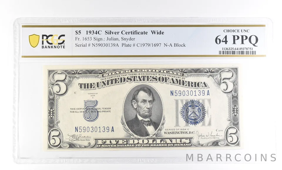 1934 C $5 Silver Certificate Wide Fr#1653 Choice Unc 64 PPQ PCGS a2781