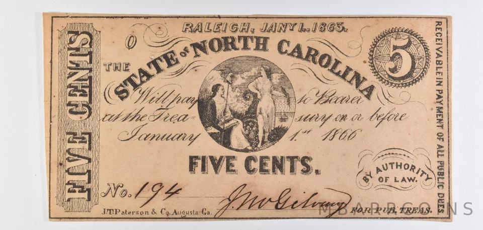 1863 5 Cents North Carolina Obsolete Note *8714