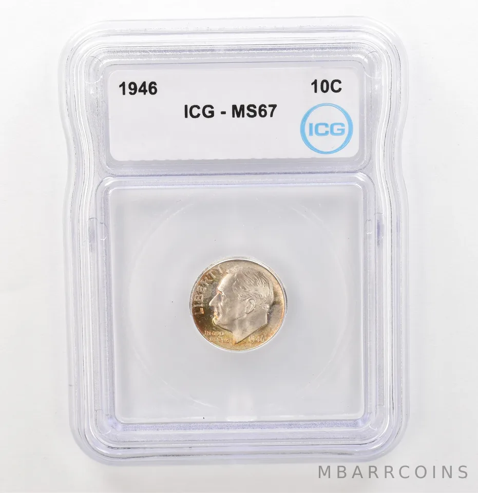 1946 Roosevelt Dime MS67 ICG Beautiful Tone Reverse *3913