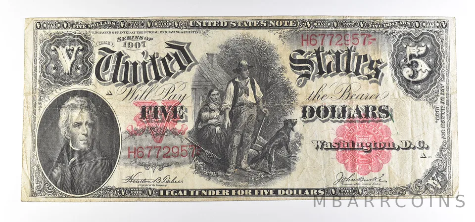 1907 $5 Woodchopper Legal Tender Large Note Red Seal FR#88 *0792