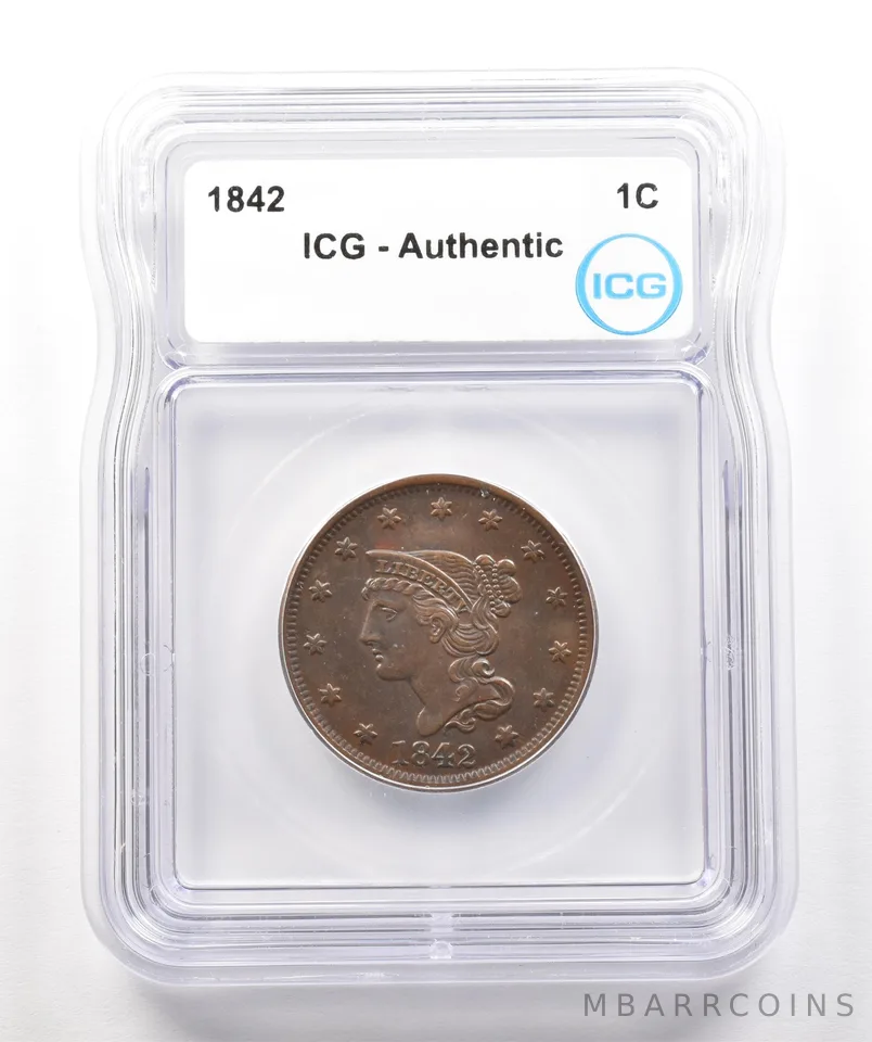 1842 Braided Hair Large Cent Authentic ICG PROOF *4263