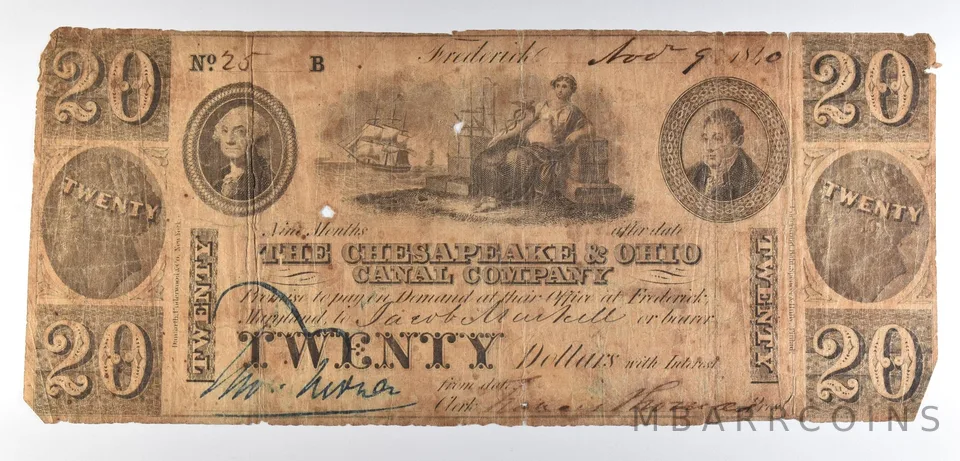 1840 $20 Frederick MD Chesapeake & Ohio Canal Company Obsolete Note *8509