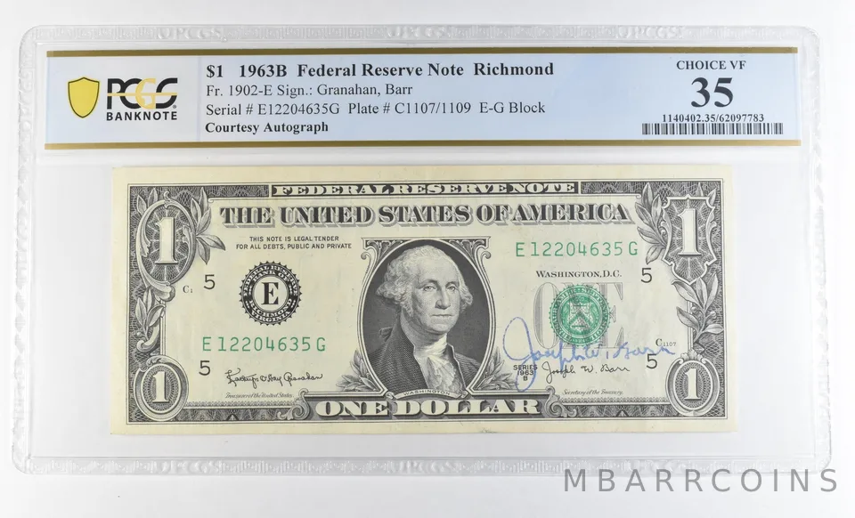 1963 B $1 Richmond VA FRN Courtesy Autograph FR#1902-E VF35 PCGS Barr *0615