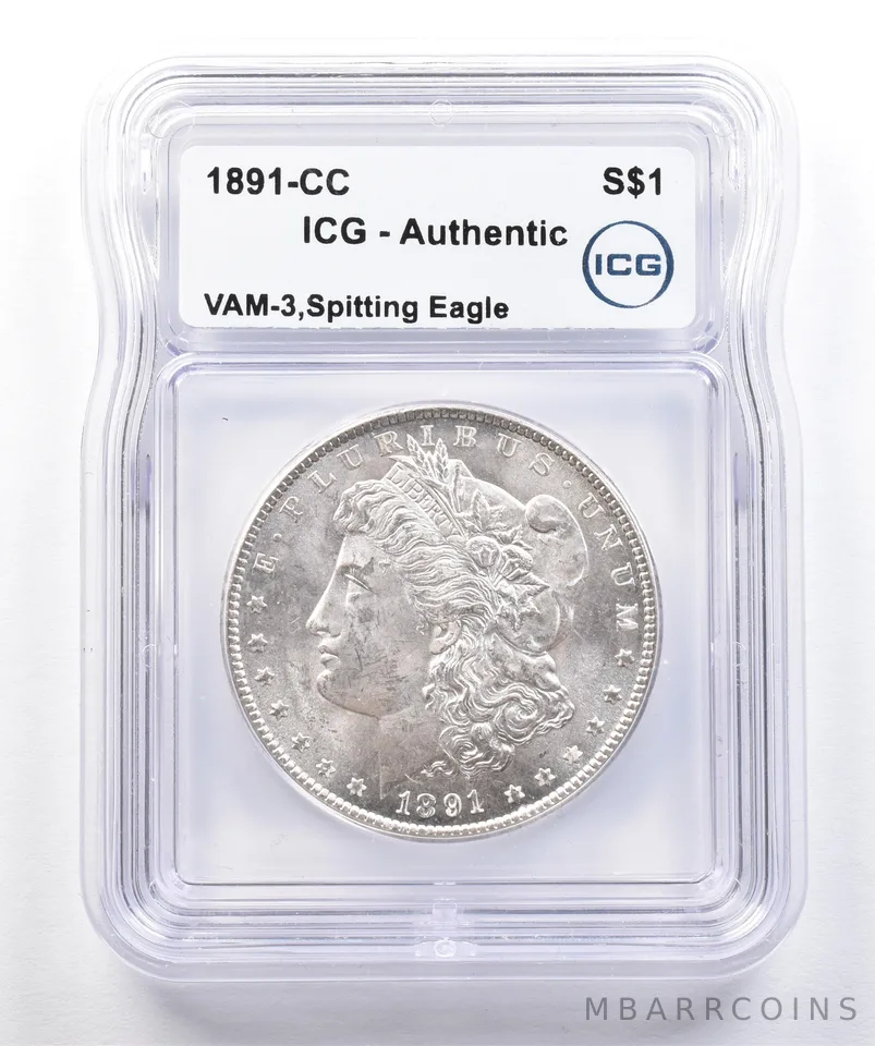1891-CC Morgan Silver Dollar VAM-3 Spitting Eagle Authentic ICG *1754