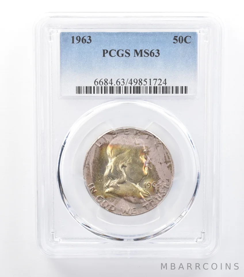 1963 Franklin Half Dollar MS63 PCGS Light Purple Tone *7747