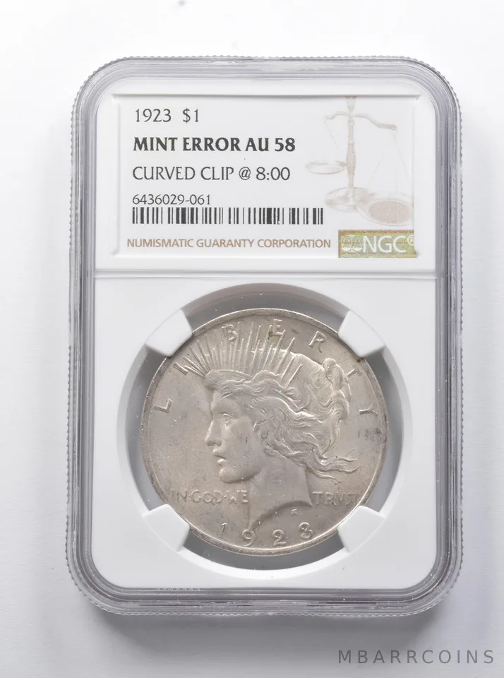 Error AU58 1923 Peace Silver Dollar Curved Clip @ 8:00 NGC *7915