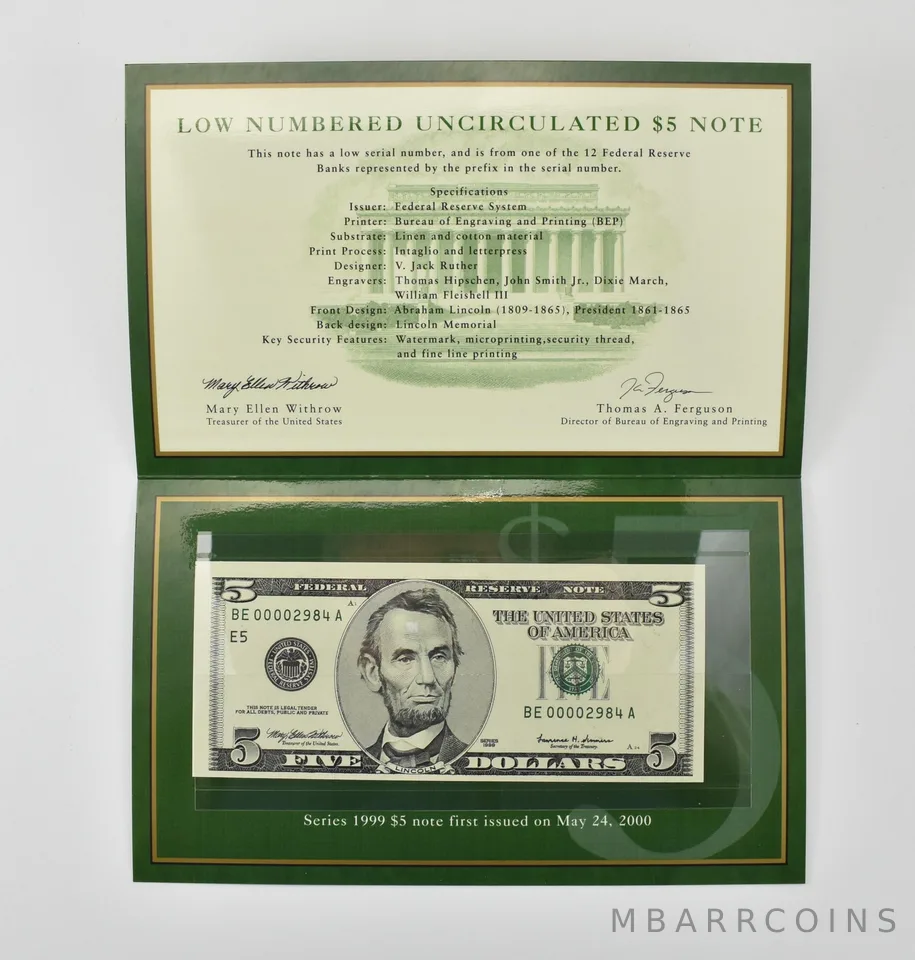 1999 $5 FRN E Bank Low Serial Number BEP a0388