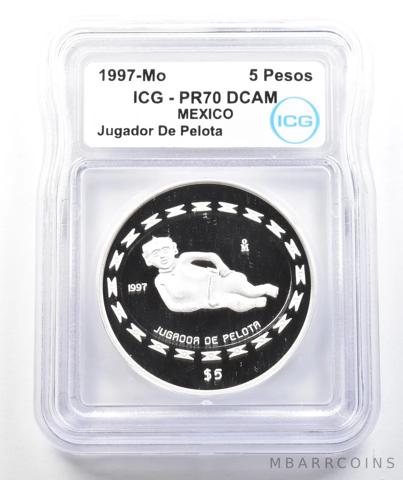 1997 Mo Mexico 5 Pesos Silver Jugador De Pelota 1 Oz PR70 DCAM ICG *9885