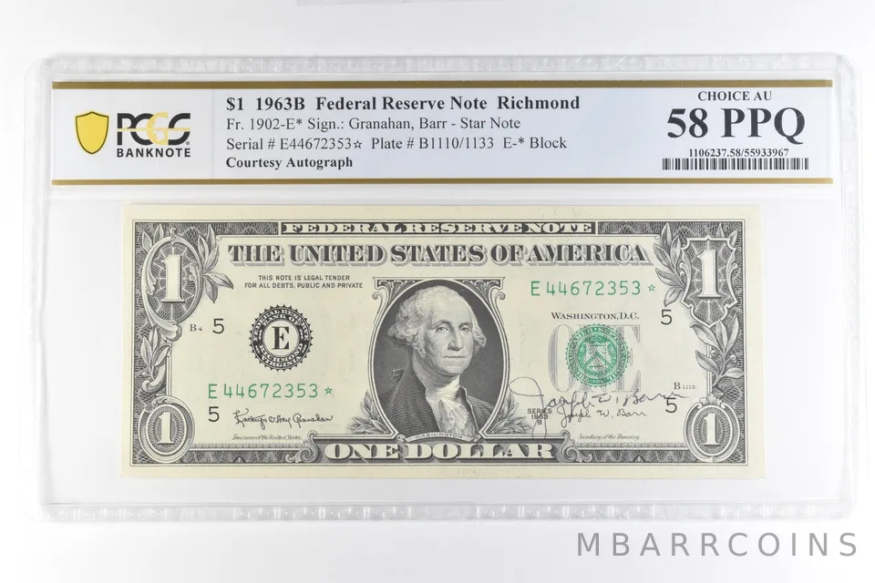 1963 B $1 VA FRN Star Note Courtesy Autograph Fr#1902-E* AU 58 PPQ PCGS *7318