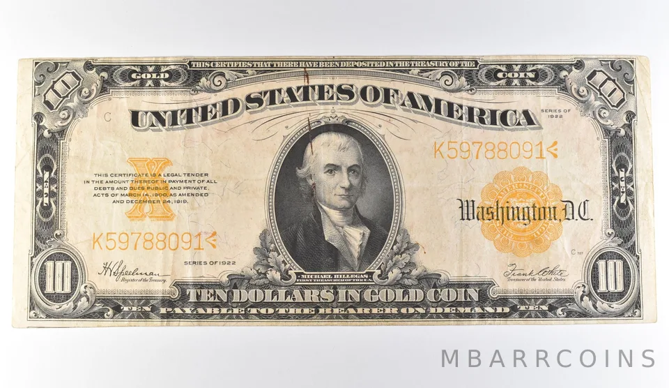 1922 $10 Gold Certificate Large Note Yellow Seal *9699