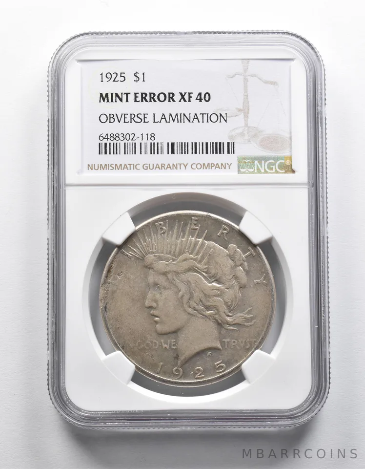 Mint Error XF40 1925 Peace Silver Dollar OBV Lamination NGC a1893