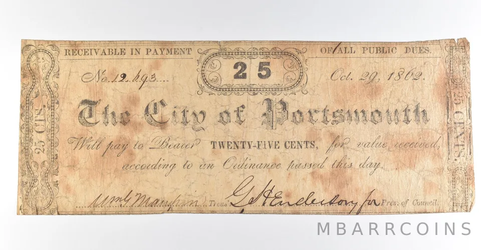 1862 25 Cents Portsmouth NH Obsolete Note *8473