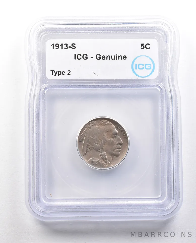 1913-S Indian Head Buffalo Nickel Type 2 Genuine ICG a1392