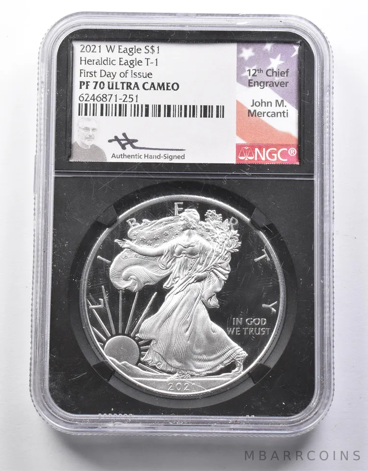 PF70UCAM 2021-W American Silver Eagle Heraldic Eagle T1 Mercanti Sign NGC *8666