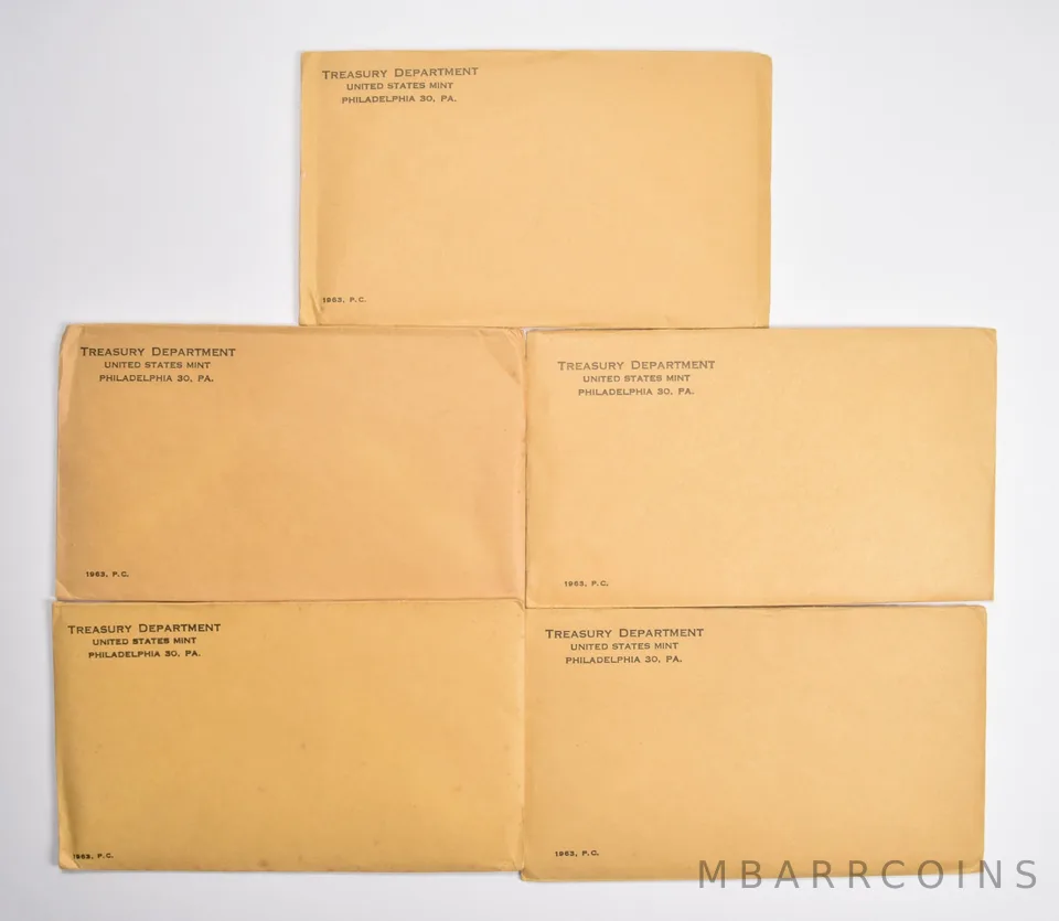 Lot (5) OGP 1963 US Mint Proof Set Envelopes - Empty - NO COINS
