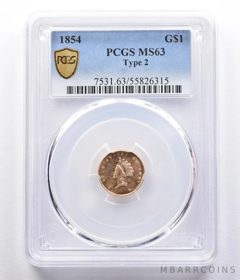 1854 $1 Indian Princess Head Gold Dollar Piece Type 2 MS63 PCGS *2331