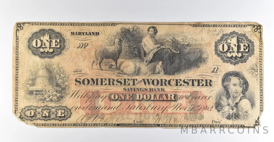 1862 $1 Salisbury MD Somerset & Worcester Savings Bank Obsolete Note *8486