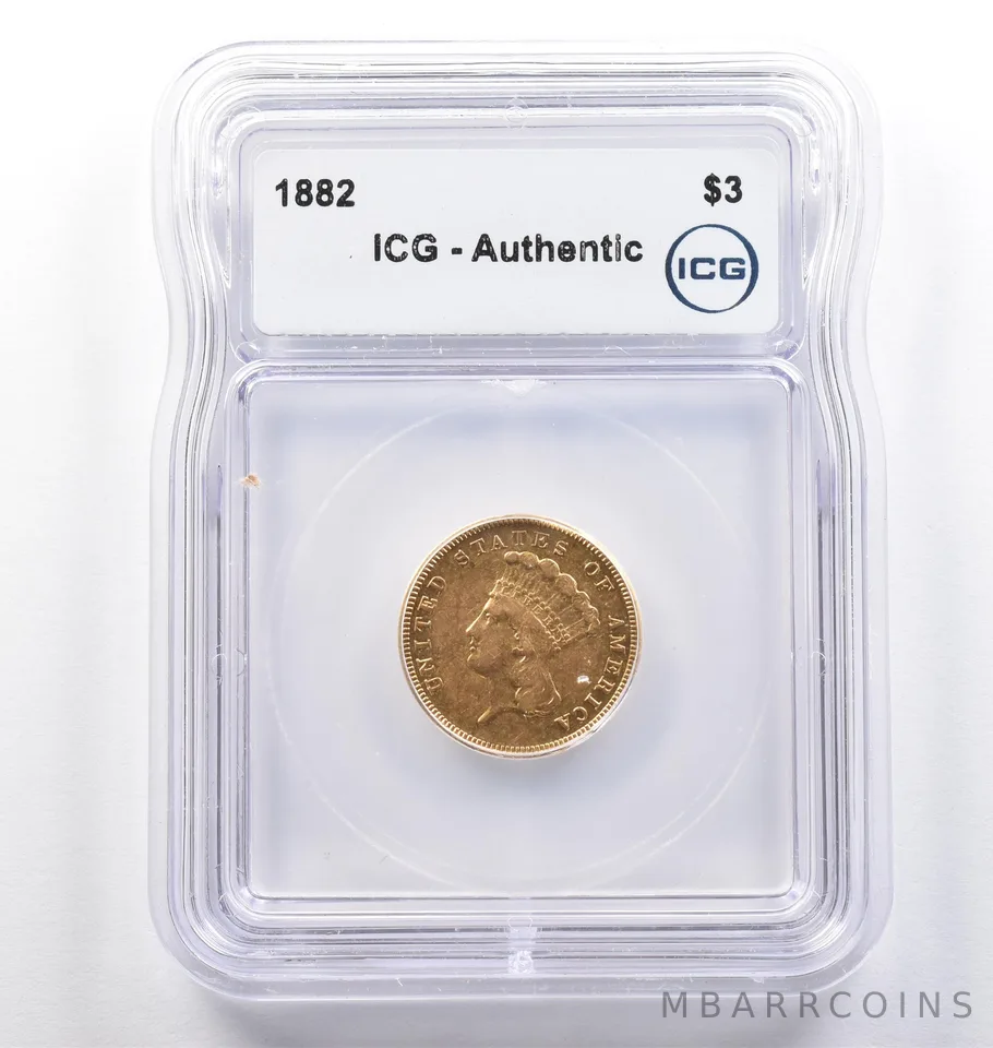 1882 $3 Indian Princess Head Gold Three Dollars Authentic ICG *0079