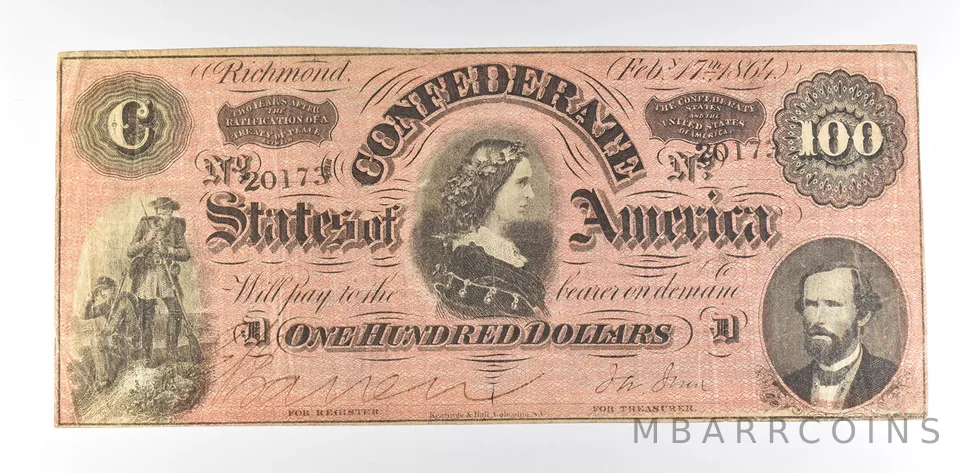 1864 $100 Confederate States Of America T-65 Large Note a8599