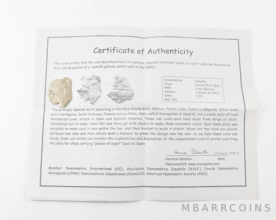 1679 Mexico 8 Reales Shipwreck Salvage W/ CoA *9080