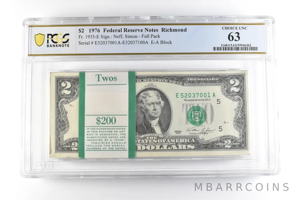 1976 $2 Richmond VA FRN Full Pack Fr#1935-E Choice Unc 63 PCGS *2508