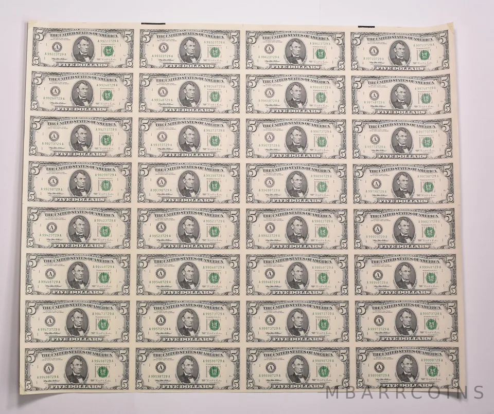 Lot (32) 1995 $5 Boston MA FRN Green Seal Uncut Sheet *8166