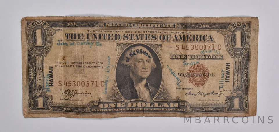 1935-A $1 US Silver Certificate Hawaii Overprint WWII Short Snorter *5378