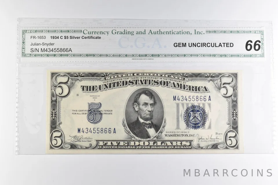 $5 1934-C US Silver Certificate Blue Seal FR-1653 *8177