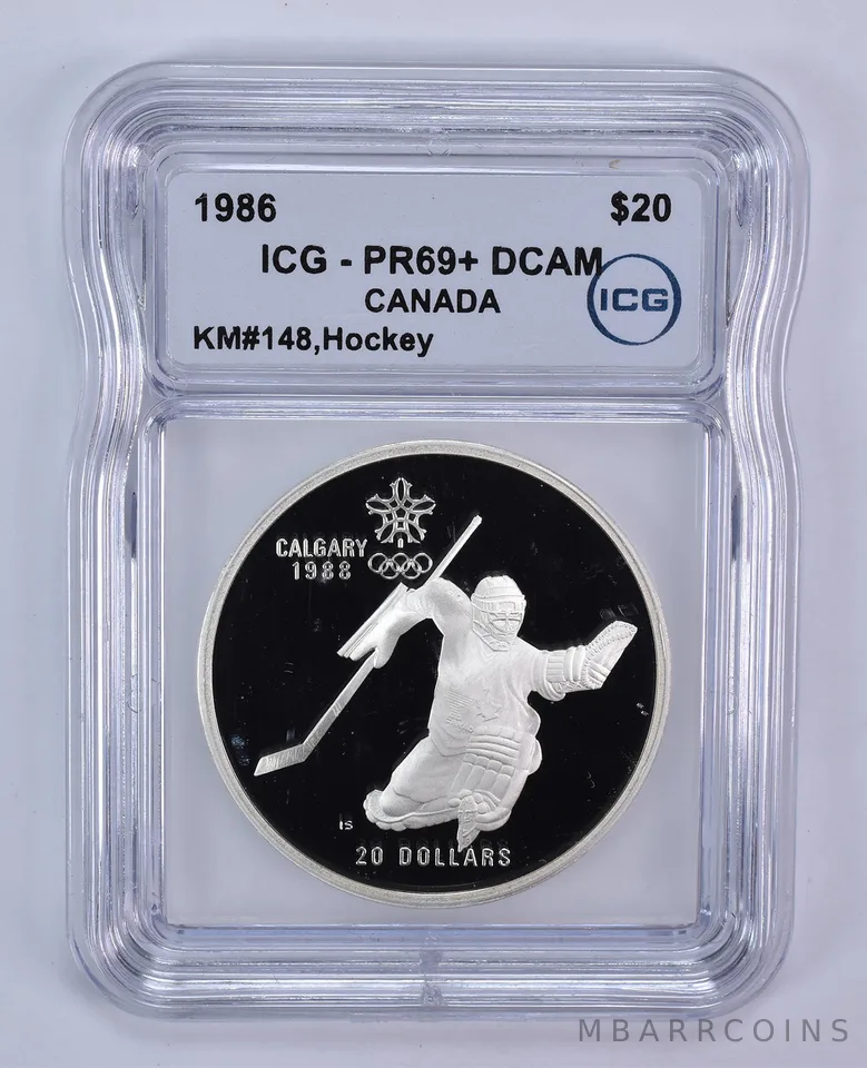1986 Canada 20 Dollars Silver Calgary Olympics Hockey PR69+ DCAM ICG