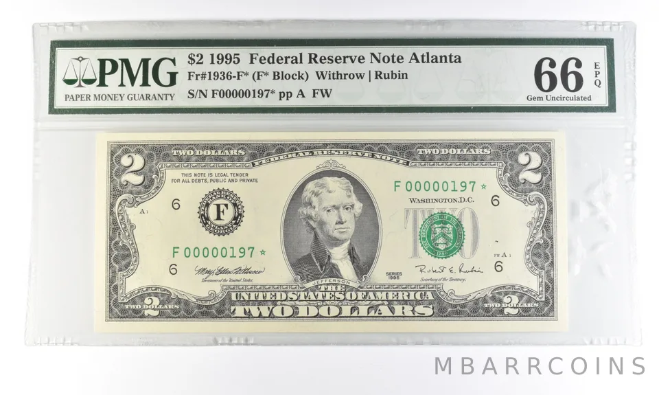 1995 $2 Atlanta GA FRN Fr#1936-F* Star Error Gem Unc 66 EPQ PMG Low Serial *5452