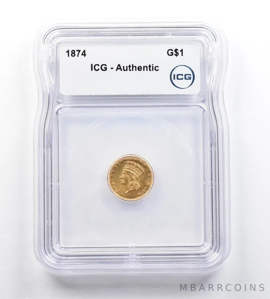 1874 $1 Indian Princess Head Gold Dollar Piece Authentic ICG *0384