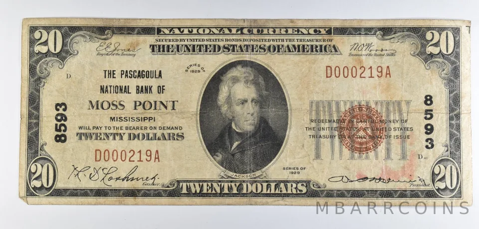 1929 $20 National Currency Note Moss Point MI Ch#8593 a8533
