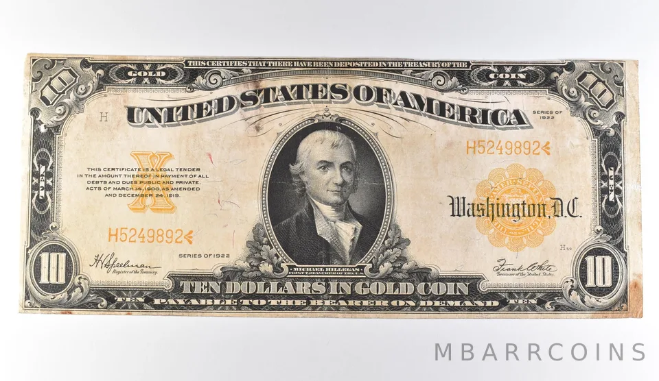 1922 $10 Gold Certificate Large Note Yellow Seal *9700