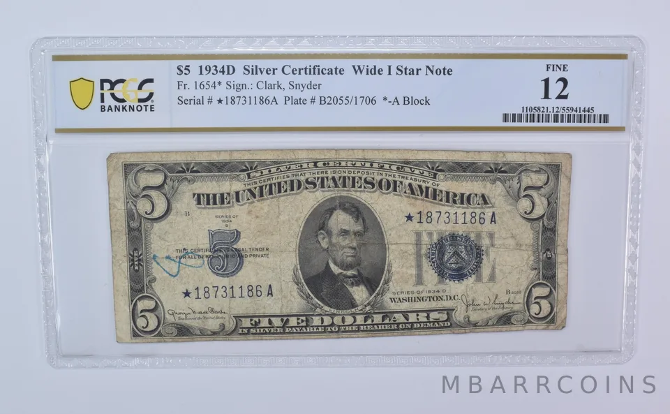 1934 D $5 Silver Certificate Wide I Star Note Fr#1654* Fine 12 PCGS *8108