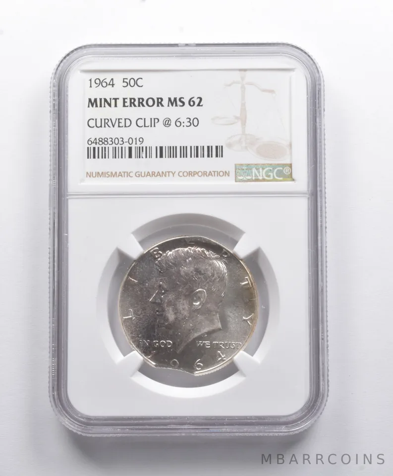 Mint Error MS62 1964 Kennedy Half Dollar Curved Clip @ 6:30 NGC *8787