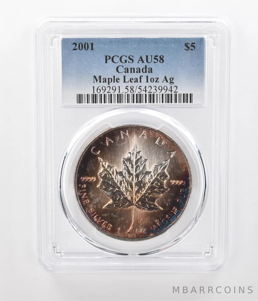 2001 Canada 5 Dollars Silver Maple Leaf AU58 PCGS Beautiful Tone *1226
